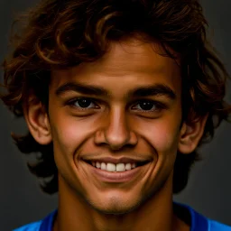 85mm DSLR color photography of a very detailed headshot fitting all of head and hair in frame. 17-year-old Brazilian soccer player, with brown hair color and no facial hair and has very short hair and with a small smile, grey background make him look mor rough