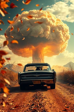 foreground with many falling leaves, behind is a nuclear explosion's mushroom cloud that looks more like a tree in fall, with explosion radiating outward, many leaves falling in foreground, ground is dirt and scorched with a road coming down the middle towards viewer, on the road driving towards the viewer is a black 1963 Lincoln Continental with the roof down and a giant racoon driving , angelic fantastic lighting