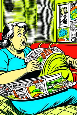 fat woman sitting on sofa READING NEWS PAPER listening to radio watching tv news WITH BIG BOTTLE OF SODA AND EATING BIG BAG OF POTATO CHIPS in a room with signs of propaganda in the style of roy lichtenstein