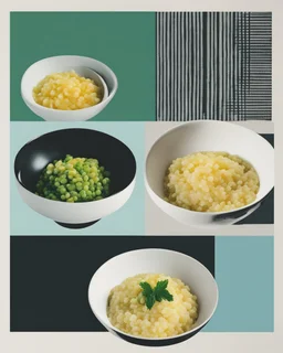 collage, risograph, a bowl of risotto, (semi-overhead view:1.2), halftone pattern, modern design stylized, (ink paint:0.8 ), (tint leak:1.2), bold solid colors