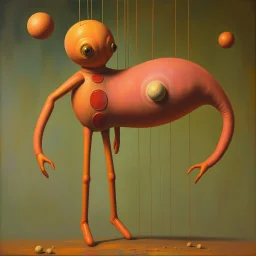 embalming biomorphic puppet osmosis, out of proportion sci-fi, surreal, by Joan Miro and Yves Tanguy and Pawel Kuczynski, mind-bending digital oil painting, asymmetric, disaffected personality disorder, UV reactive warm colors,