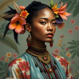 beautiful woman wearing fantastic hand-dyed cotton clothes, embellished beaded feather decorative fringe knots, colorful pigtail , subtropical flowers and plants, symmetrical face, intricate, elegant, highly detailed, 8k, digital painting,trending on pinterest, harper’s bazaar, concept, art, sharp focus, illustration, Tom Bagshaw, Lawrence Alma-Tadema, Alphonse Mucha