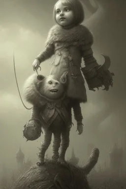 cute girl and litlle monster, Style John Kenn Mortensen,