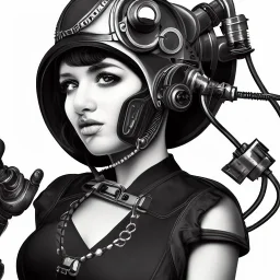 great illustrator, spanish, realistic rendering of a cute girl, beautiful, steampunk syle, black and white. Helmet with tubes. respirator. Machinery in the background. robotic bird flying. High details. 4k. unreal engine