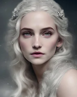 Photoreal Under the Northern Lights of an eternal winter, an elven goddess commands frost and snow with a crystal-laden scepter. Her alabaster skin and silver hair glisten in the ethereal glow, while her enchanting eyes of love and fear captivate all who behold her by lee jeffries, octane render, 8k, high detail, smooth render, unreal engine 5, cinema 4d, HDR, dust effect, vivid colors