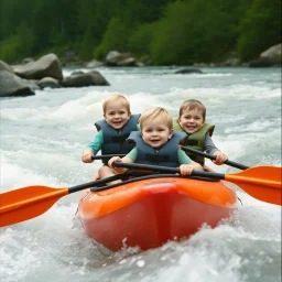 phone camera found footage snap, low res, low quality, kinetic grainy photograph from the shore of three happy babies wearing life preserver jackets alone in a kayak flying down river in furious rapids, slight motion blur, low contrast, high film grain