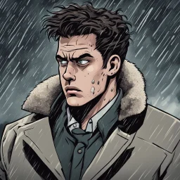 a closeup of a young man in a heavy coat during a rainstorm having a psychotic breakdown cartoon