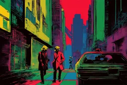 classic painting of a cyberpunk colourful walkway with two people making an exchange in the city with pollution by andy warhol