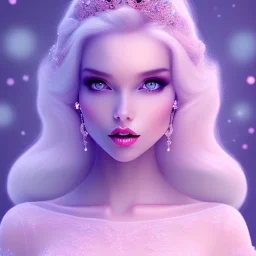 Snow white, beautiful, soft,long straight blonde hair blues eyes, clothing in transparent bluish and pink veil, background brillante bluish and pink,