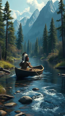 Bosch painting style nightmare , 3D , native Indians in a small boat in the river stream among the trees and mountains background, high Quality picture , 8k