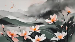 a garden before imminent storm, strong wind, peach blossom petals blown in the wind, minimal acrylic and ink, tint leak, dark grey and dull green and peach blossom colors, harsh contrasts, windy dynamics