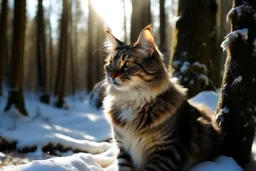 Cat in Wellensteyn coat, winter forest, pine trees, snowing, in sunshine