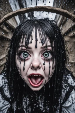 Closeup huge Girl goth with big eyes, fullbody, ragged clothes, slime rain, the perspective looking up from the bottom of an empty well, rolling eyes, tongue out, saliva drip, open mouth,