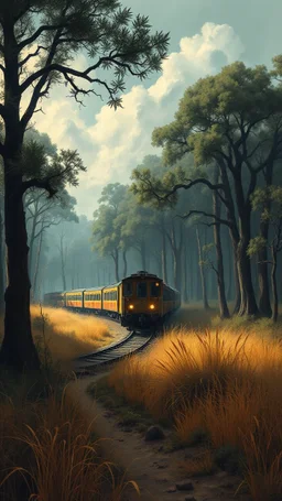Bosch painting style nightmare,an midren train in the jungle surrounded with giant trees and dry grass