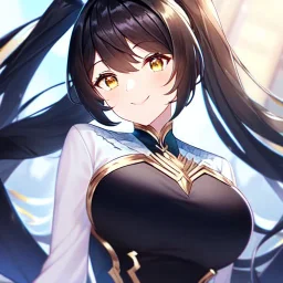 girl, masterpiece, best quality, volumetric lighting, detailed outfit, perfect eyes, black hair, golden eyes, long hair, twin ponytail, looking up, smile,