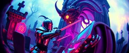 Epic portrait of knighted paladin vs demi-lich in tower cemetery in the style of Giger and Escher in Transparent Psychedelic Fluorescent Colors looking like a Record Cover, multidimensional depth of field, fish eye lense