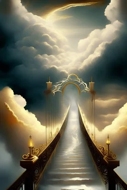 Subject: "The Straight Path Bridge to Heaven and Hell Below" Descriptions of bridge: narrow, straight, seemingly never-ending, made of white marble Descriptions of Heaven: bright, golden light, fluffy clouds, harp music Descriptions of Hell: dark, fiery, full of smoke and screams Descriptions of mood/atmosphere: ominous, eerie, fearful Artistic medium/techniques: oil painting, chiaroscuro, high contrast Artists/Illustrators/Movements: Hieronymus Bosch, Dante Alighieri, Northe