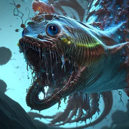 fluid ink angler fish creature, unreal engine 5, 8k resolution, photorealistic, ultra detailed