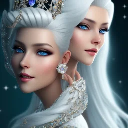 Ice Princess with white hair smilling, a crown with precious stones, bright background