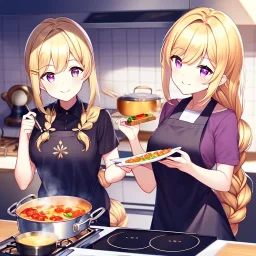 girl, masterpiece, best quality, volumetric lighting, detailed outfit, perfect eyes, golden hair, long hair, purple eyes, braided ponytail, smile, cooking, food, hairclip,