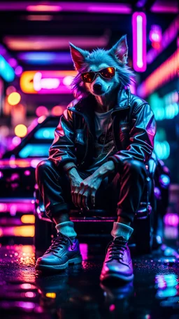 camera angle from feet, portrait of slick lord water wolf Gremlin myth buster pimp ninja cyber punk sitting on a hipster car parked in dark neon lit reflective wet arcade hall tunnel,bokeh like f/0.8, tilt-shift lens 8k, high detail, smooth render, down-light, unreal engine, prize winning