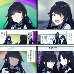 Clear focus,High resolution,High quality,Epic battle scene comic style, 1girls, with color, anime girl with black hair with rainbow hair, crying in school, blur in the background