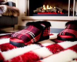 Red plaid slippers laying on a fur rug by kiva fireplace
