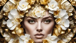 Ultra detailed artistic abstract photography of woman's face (geometrical), golden, white roses, detailed symmetric circular iris, shattered paper fragments, inspired by Alberto Seveso, abstract art style, intricate complex watercolor painting, sharp eyes, digital painting, color explosion, ink drip, mix gold and white colors, Concept art, volumetric lighting, metallic reflections, 8k, concept photography,