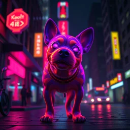 a PURPLE AND ORANGE DOG, BIOLUMINESENT, IN A DARK CITY , HIGH DEF, VRAY, 8K 3D