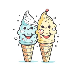 A pair of ice cream cones, cute, lighthearted, natural daylight, T-shirt design graphic, vector, contour, white background