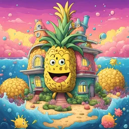 Pinapple-shaped house under the sea, Iconic Spongebob TV Show Cartoon, colorful, detailed illustration by Stephen Hillenburg, Spongebob art aesthetic