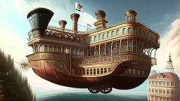 large wooden Victorian pleasure steamboat flying above a city, balconies, verandas