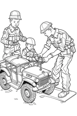 Outline art for coloring page OF A BOY PLAYING WITH A 1940'S TOY SET OF FOUR SMALL AMERICAN PLASTIC TOY ARMY SOLDIERS, coloring page, white background, Sketch style, only use outline, clean line art, white background, no shadows, no shading, no color, clear