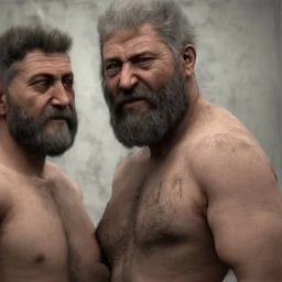 extreme close up photo of two italian prisoners in tank top 40 years old kissing in prison behind bars, chubby, dirty, ugly, bullneck, muscular, short beard, long hairs, manly chest, misery and poverty, emotive eyes, photo 35mm lens, side view, photorealistic, ultradetailed