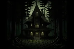 An animated photo where a lighted tall, lighted mansion with a triangular roof is surrounded by tall trees in a dark forest. The viewer of the image is facing the front of the house. Grotesque roots are seen throughout the image and attached to the house's bottom.
