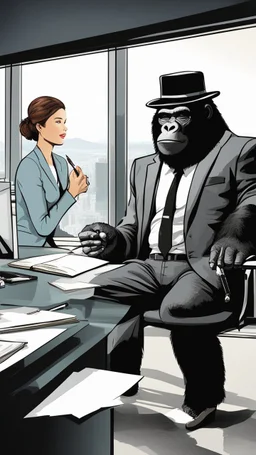 A gorilla wearing a suite and tie with hat sitting as a boss on office table with a cigar in hand and a beautiful young woman secretary taking a note from him in a very modern office room with a big window and wonderful landscape behind the window