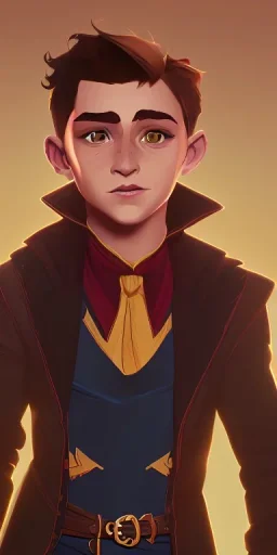 Portrait of a handsome 9 year old brown haired little warlock kid having fun