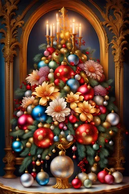 An opulent and extravagant display of baroque flowers entwined with sparkling and festive Christmas ornaments. This breathtaking image, perhaps a meticulously crafted and vividly colorful painting, captivates the eye with its vibrant combination of intricate floral arrangements and ornate holiday decorations. Each exquisite bloom is adorned with dazzling baubles and shimmering lights, forming a harmonious fusion of baroque elegance and Yuletide charm. The impeccable attention to detail and exqui