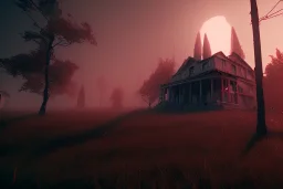  a quiet place movie , run down , night time, destroyed buildings , unity, scriptable render pipeline , red tone , volumetric , blue emission , faded fog , lighting.