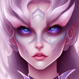 An elf with crystal blue eyes and magenta hair, white complexion, teardrop eyebrows, woman, angry expression