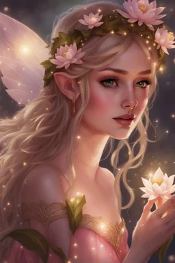 Pointed elven ears,Blonde hair ,Pink dress,Sparkling fairy wings,Very long golden hair,Fairy crown,pointed ears,elven ears,fairy wings,water lilies,sparkling,glittering,flowers,blossoms,golden crown,light pink dress