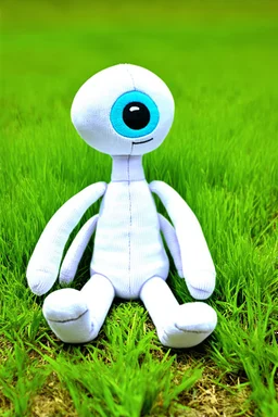 plush toy(tall and skinny, no arms, no legs, 1 eye) sitting, small feet at front, in a field of short grass