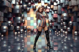 beautiful full body with long boots lady in surreal stage made of fractal random size spheres with helical strip colors in clothing similar to environment full body posing to camera,animating background metallic random color cubes
