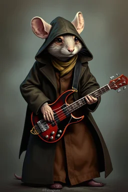 A mouse warring a black coat dressed brown coat, playing the bass guitar