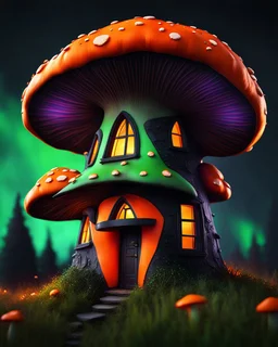 An asymmetrical mushroom house in the night sky. in space. Bright Bold Bright Colors, green orange black, Stark Dark background. Detailed Matte Painting, deep color, fantastical, intricate detail, splash screen, hyperdetailed, insane depth, Fantasy concept art, 8k resolution, trending on artstation, Unreal Engine 5, color depth, Deep Colors, backlit, splash art, dramatic, splash art Style. High Quality, Painterly, Whimsical, Fun, Imaginative, Bubbly, good detail, perfect composition,