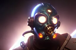 Gasmask steampunk portrait of a robot cyborg in a cyberpunk mask a steel helmet on his head glowing eyes