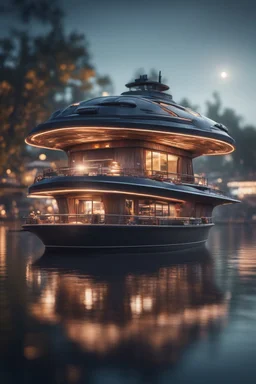 house boat that looks like an dark twisted alien space ship, bokeh like f/0.8, tilt-shift lens 8k, high detail, smooth render, down-light, unreal engine, prize winning