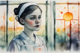 nurse in the hospital, styles of Paul Klee Dee Nickerson and Tim Burton, melting watercolor and black ink outlines on wet paper, soft, shading strokes, in sunshine, ethereal, otherwordly, cinematic postprocessing, bokeh, dof