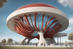 3D representation of architectural wonder, with a concrete design and matte reddish glass that contrasts with the light blue sky, emphasizing organic movement. Its design represents an ant with a bulbous tail and membrane wings with solar panels, its tail is made of concrete and glass. It stands out from pedestrians, creating a sense of scale. In open space, its use is a public place and as a great viewpoint in the mountains Combination of practicality and artistic expression in architecture