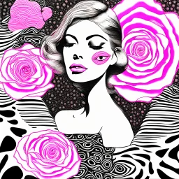 A detailed high quality surreal painting of a delicate, shimmering single pink, personified rose, with a womans face a small pretty face in its petals, two eyes, pouting lips, delictae nose, background is a blurred black and white hypnotic pattern, very mod, 1960s inspired art, psychedelic, highly detailed conceptual art, mixed media collage, dark fantastical, hypnotic atmosphere, fine lines, dali-esc, beautiful and natural, strange art, optical illusion